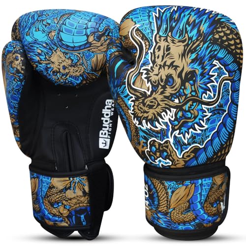 BUDDHA FIGHT WEAR Blue Dragon Boxhandschuhe, entworfen für Training und Sparring in Muay Thai Kickboxen Fitness - Männer und Frauen - 250 ml von Buddha Fight Wear