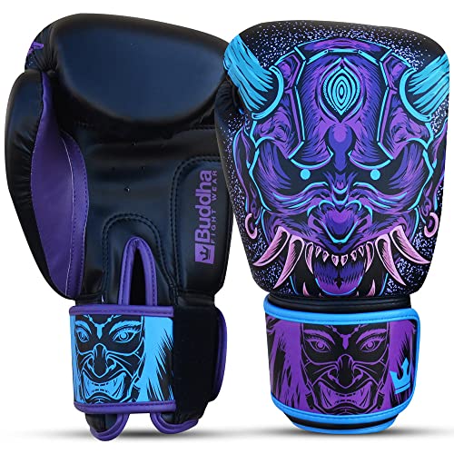 BUDDHA FIGHT WEAR – Fantasy Luzbel Boxhandschuhe – Muay Thai – Kickboxen – hochwertiges Kunstleder – geruchshemmender Innenstoff – verstärkte Nähte – Blaue Farben – Größe 12 Oz von Buddha Fight Wear