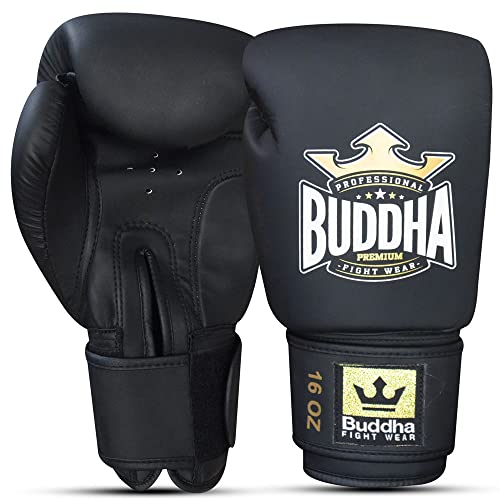 BUDDHA FIGHT WEAR – Thailand-Boxhandschuhe – Muay Thai – Kickboxen – hochwertiges Kunstleder – geruchshemmender Innenstoff – verstärkte Nähte – mattschwarze Farbe – Größe 12 Oz von Buddha Fight Wear