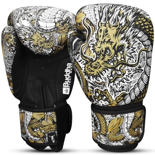 BUDDHA FIGHT WEAR Weiße Dragon-Boxhandschuhe, entworfen für Training und Sparring in Muay Thai Kickboxen Fitness - Männer und Frauen - 300 ml von Buddha Fight Wear