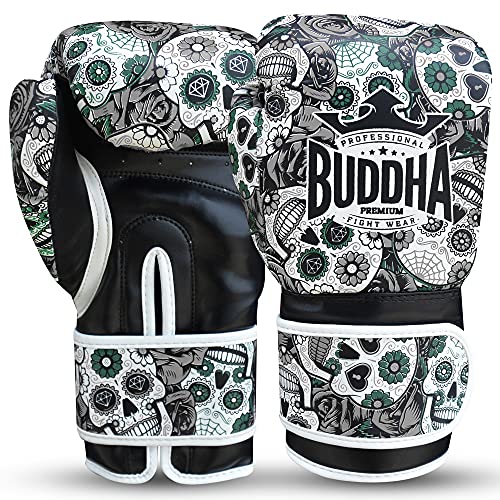 BUDDHA FIGHT WEAR – Mexikanische Boxhandschuhe – Muay Thai – Kickboxen – hochwertiges Kunstleder – GS-3-Innenpolsterung – Aufprallschutz – Farbe Schwarz – Größe 16 Oz von Buddha Fight Wear