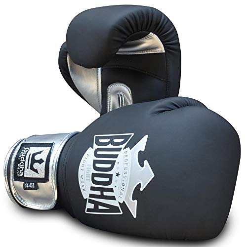 BUDDHA FIGHT WEAR – Top Fight Boxhandschuhe – Muay Thai – Kickboxen – hochwertiges Kunstleder – GS-3-Innenpolsterung – Aufprallschutz – mattschwarze Farbe – Größe 16 Oz von Buddha Fight Wear