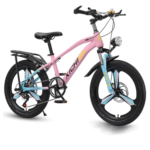 Bueuwe Kinder-Mountainbike für Jungen und Mädchen mit LED-Suchscheinwerfer, 18 20 22 Zoll Fahrrad für 7–16 Jahre, Doppelscheibenbremsen, Variable Geschwindigkeit,Rosa,20in von Bueuwe