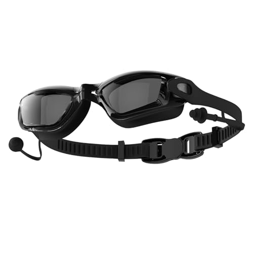 Burulria Schwarze Schwimmbrille mit Integrierten Ohrstöpseln, wasserdichte und Beschlagfreie Schwimmbrille für Männer und Frauen (Flachlicht) von Burulria