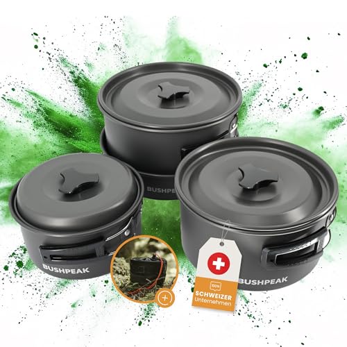 Bushpeak Camping Töpfe für Gaskocher Camp Chef - Camping Topfset 7-teilig zum Kochen und Braten mit Deckel von Bushpeak