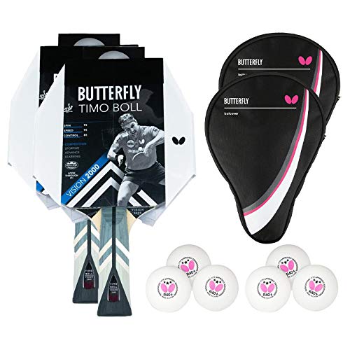 Butterfly 2 x Timo Boll Vision 2000 Tischtennisschläger + 2 x Tischtennishülle Drive Case + 2 x 3*** ITTF R40+ Tischtennisbälle | Tischtennisschlägerset | Tischtennis Profi Set von Butterfly