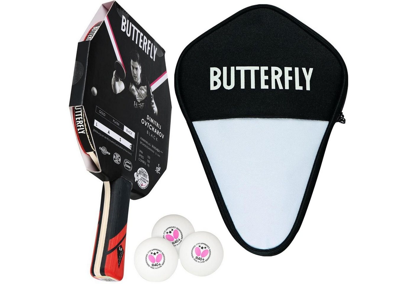 Butterfly Tischtennisschläger 1x Dimitrij Ovtcharov Black + CC1 + Bälle, Tischtennis Schläger Set Tischtennisset Table Tennis Bat Racket von Butterfly