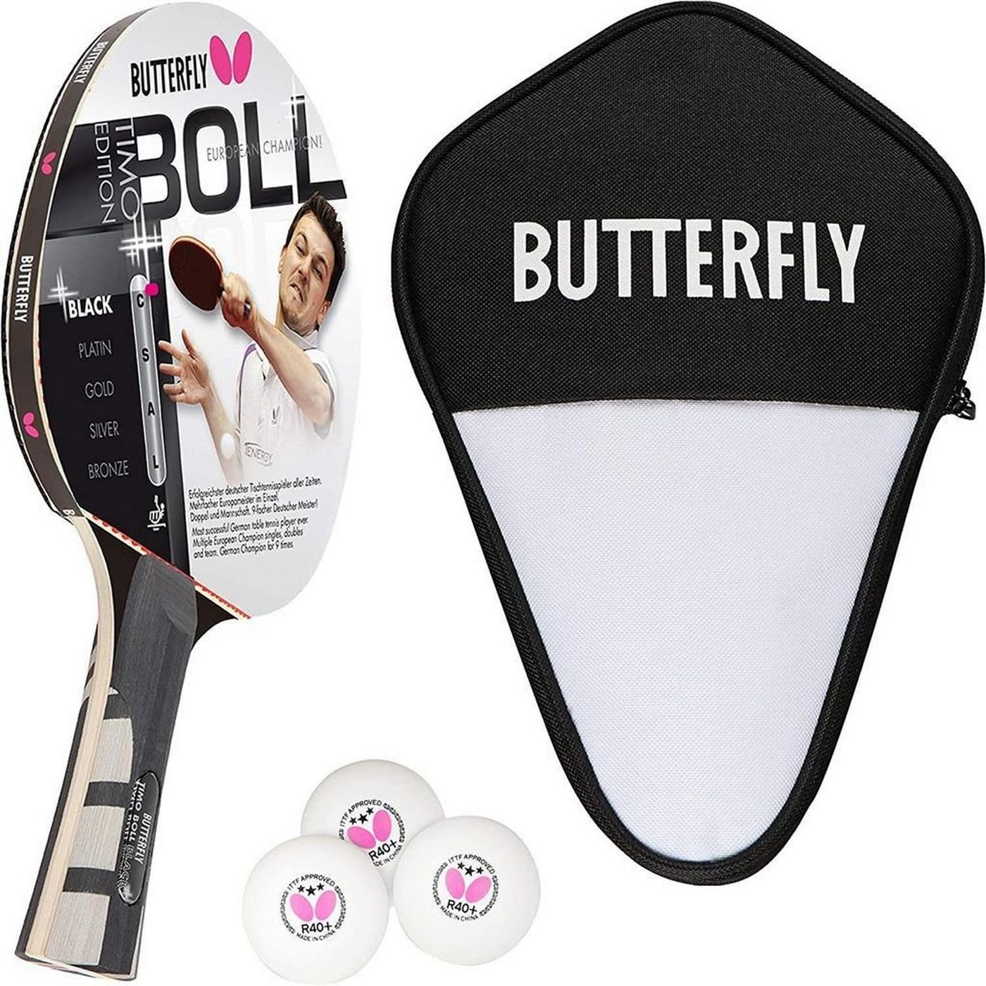 Butterfly Tischtennisschläger 1x Timo Boll Black 85030 + Cell Case 1 + Bälle, Tischtennis Schläger Set Tischtennisset Table Tennis Bat Racket von Butterfly