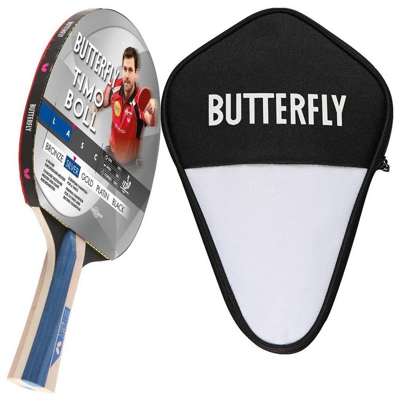 Butterfly Tischtennisschläger 1x Timo Boll Silber 85016 + Cell Case 1, Tischtennis Schläger Set Tischtennisset Table Tennis Bat Racket von Butterfly