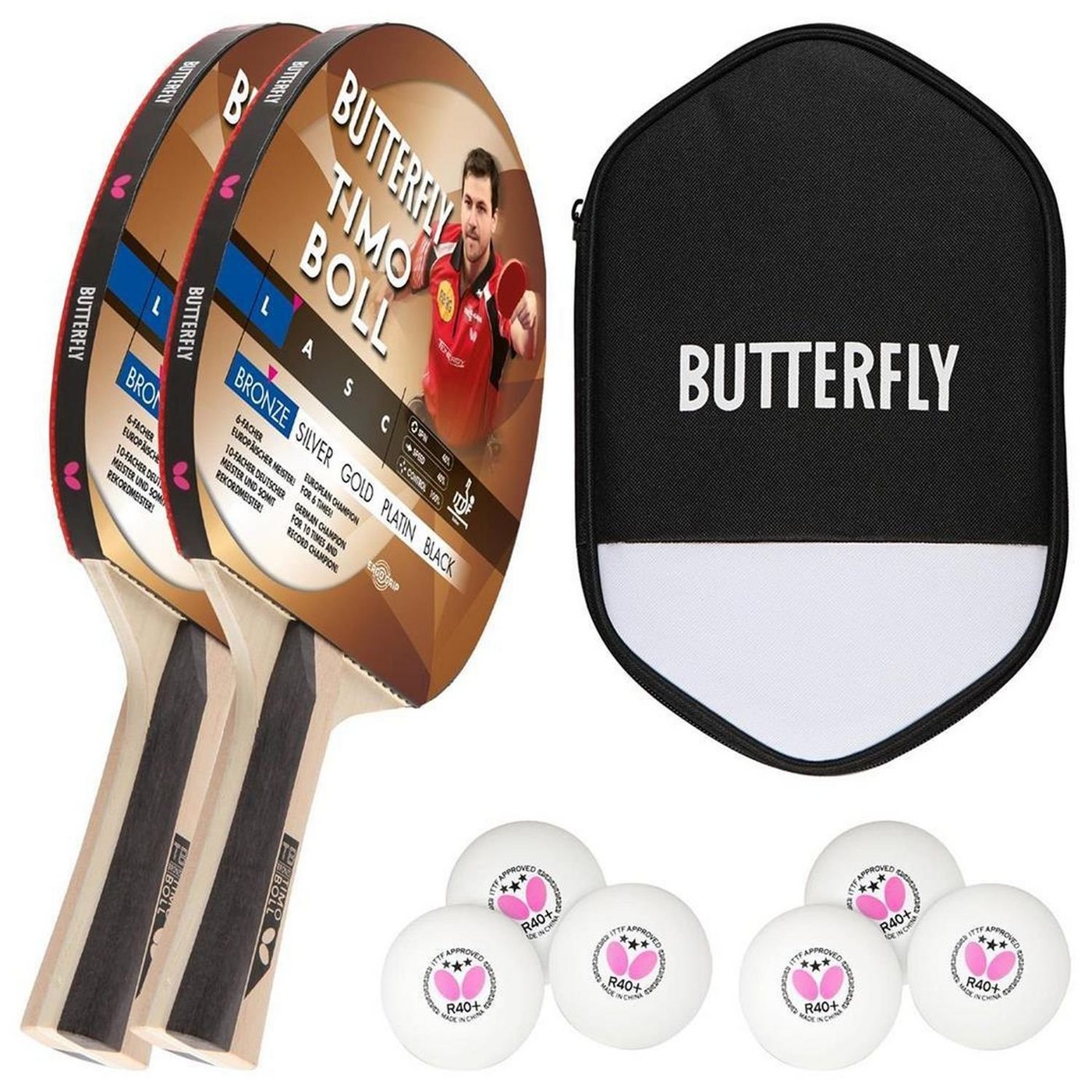 Butterfly Tischtennisschläger 2x Timo Boll Bronze 85011 + Cell Case 2 + Bälle, Tischtennis Schläger Set Tischtennisset Table Tennis Bat Racket von Butterfly