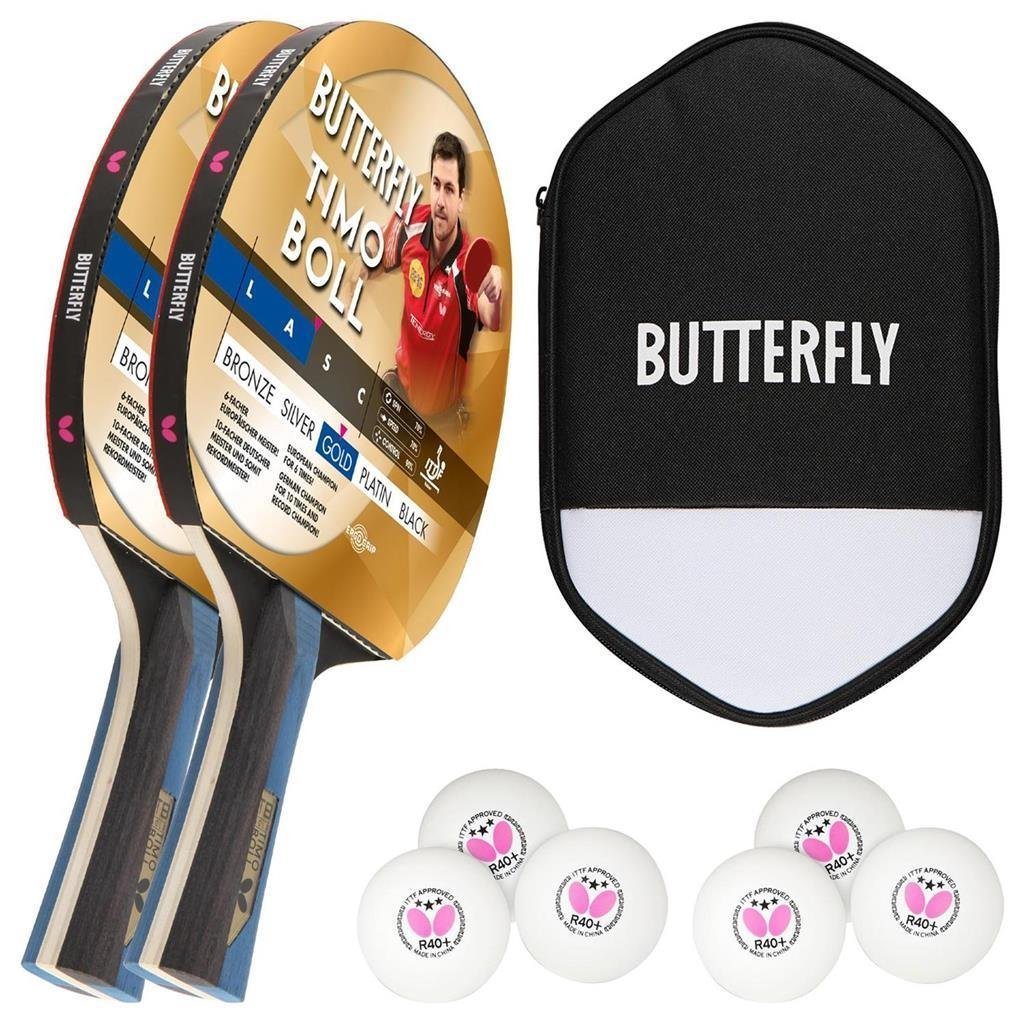 Butterfly Tischtennisschläger 2x Timo Boll Gold 85021 + Cell Case 2 + Bälle, Tischtennis Schläger Set Tischtennisset Table Tennis Bat Racket von Butterfly