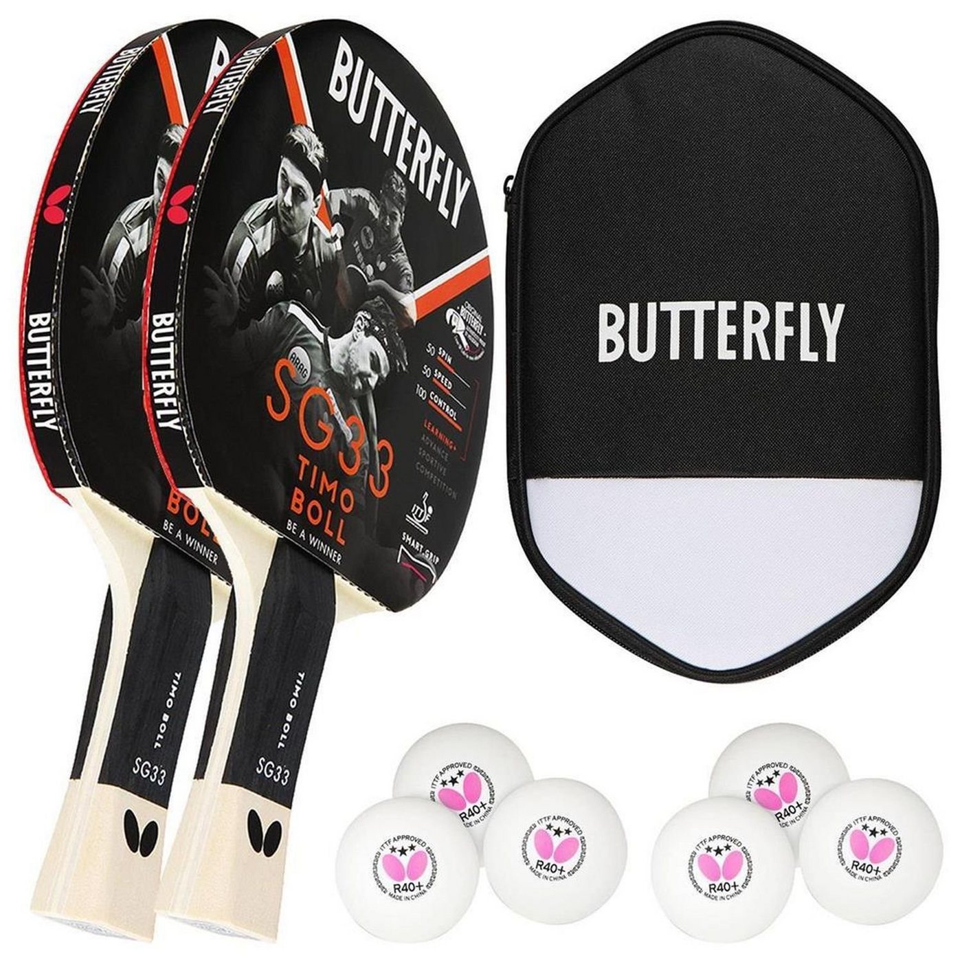 Butterfly Tischtennisschläger 2x Timo Boll SG33 + Cell Case 2 + Bälle, Tischtennis Schläger Set Tischtennisset Table Tennis Bat Racket von Butterfly