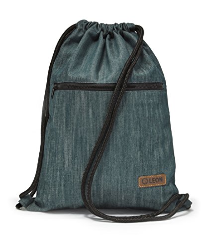 By Bers LEON Turnbeutel, große Reißverschluss Außentasche, mit Innentaschen Rucksack Tasche Damen Herren & Teenager Gym Bag Draw String (denimgruen_Zipper) von By Bers