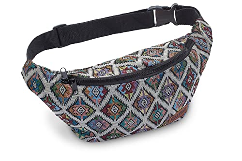 Leon Gürteltasche Bauchtasche Hüfttasche 100% Baumwolle Fanny Pack Belly Belt Moon Bag Bumbag Boho Hippie Tribal (GT Bunte Raute ZikzakBeige) von By Bers