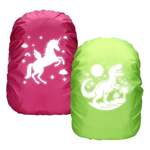 Byhsoep Regenüberzug Schulranzen Einhorn Dino Schmetterlinge Rucksack Regenschutz wasserdichte Regenhülle für Rucksack Überzug Reflektierend für Jungen Mädchen Schulanfänger (Grün Rose) von Byhsoep