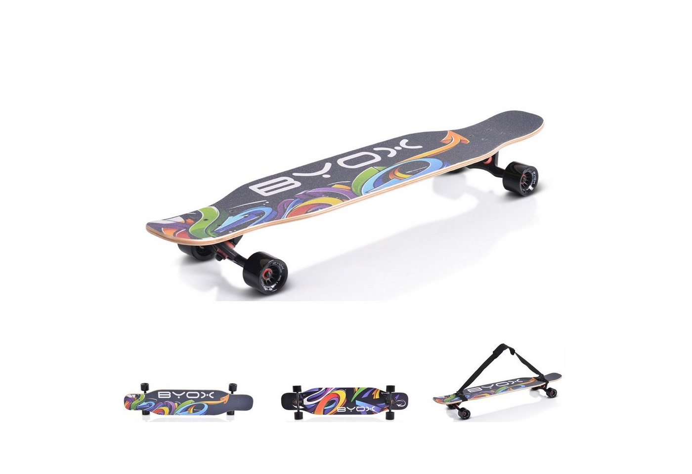 Byox Skateboard Kinder Skateboard Longboard 42, Dancing Style, PU Rollen, ABEC-9, bis 100 kg, Gurt" von Byox