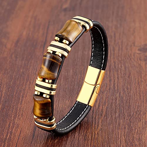 Bysonglezai Armbänder Herren Armband Armreif Geschenk Damen Naturstein Tigerauge Armband Schwarz Leder Seil Kette Herren Armband Damenmode Gold-Tigerauge von Bysonglezai