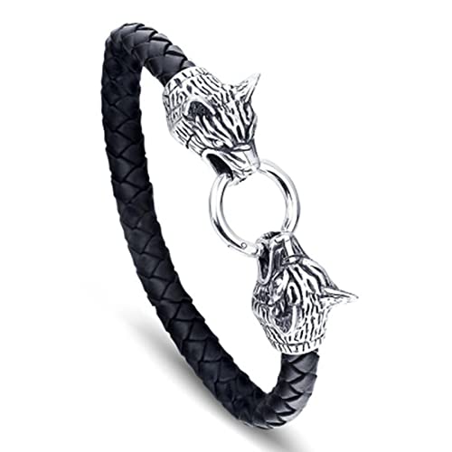 Bysonglezai Armband Herren Armbänder Armreif Damen Männer Geschenk Wikinger Wolfskopf Lederarmband Für Männer Armband Geschenk Schwarz-23Cm von Bysonglezai