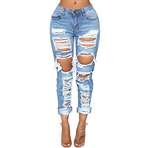 Bysonglezai Jeans Damen Hose Jeanshose Female Women Mode Zerrissene Jeans Für Damen Denim Gerade Hosen Hose Mittlere Taille Lässige Skinny Jeans Zerrissene Jeggings Jeans L Blau von Bysonglezai