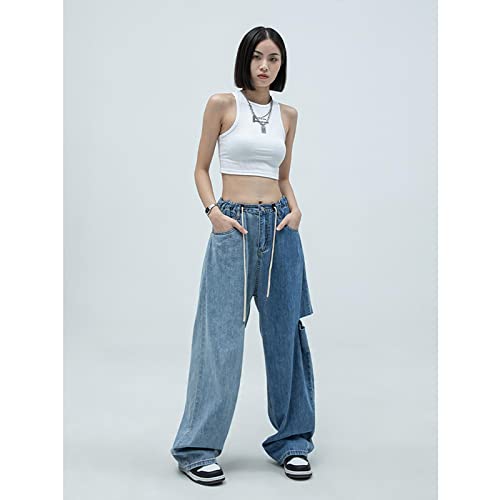 Bysonglezai Jeans Damen Hose Jeanshose Female Women Vintage Kontrastfarben Kordelzug Jeans Mode Hohe Taille Zerrissene Wischhose Straße Baggy Wide Leg Denim Hose XL Blau von Bysonglezai