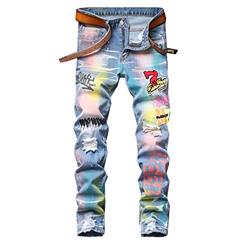 Bysonglezai Jeans Herren Jeanshosen Hose Freizeithose Bunt Bemalte Bedruckte Denim-Jeans Mode Löcher Zerrissene Hosen Patchwork-Stretchhose 36 Blau von Bysonglezai