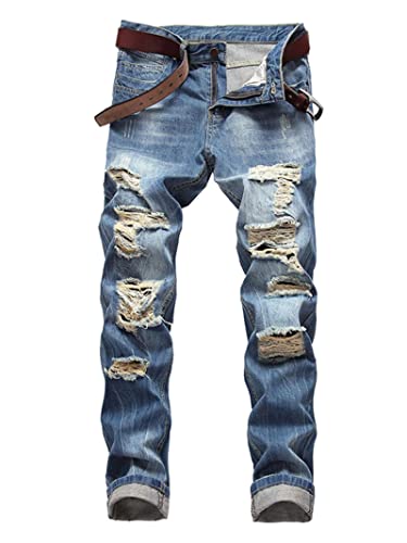 Bysonglezai Jeans Herren Jeanshosen Hose Freizeithose Zerrissene, Hellblaue Jeans Mit Geraden Knöpfen, Denim-Streetwear, Loch Zerstört, Hochwertige Gewaschene Junge Alltagsjeans 30 Hellblau von Bysonglezai