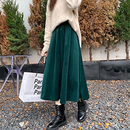 Bysonglezai Rock Damen Langer Falten Taille Linie Skirt Hochwertiger Cord Langer Rock Damen Herbst Winter Thicken High Waist Midi Röcke Frau Elegante Taschen A-Linie Röcke OneSize Grün von Bysonglezai