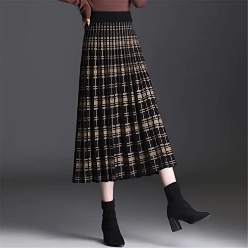 Bysonglezai Rock Damen Langer Falten Taille Linie Skirt Winter Vintage Stretch High Waiste Midi Plissierte Hahnentritt-Print Strickrock Für Frauen Laufsteg Karoierter Langer Rock XL Braun von Bysonglezai