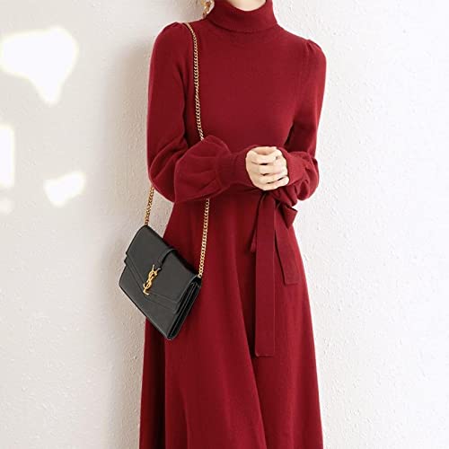 Bysonglezai Rock Damen Langer Taille Skirt Linie Falten Frauen' S Strickpullover Kleid Langarm Rot Midi Damen Strickkleider Party Gala Für Herbst Und Winter Maxi Mit M Rot von Bysonglezai