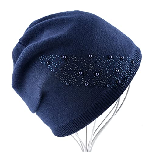 Bysonglezai Strickmütze Damen Mütze Frauen Wintermütze Caps Beanie Hats Mode Gestrickte Einfarbige Mütze Mit Perle Strass Frauen Herbst Winter Warme Mützen Mütze Damen Elegante Mütze Blau von Bysonglezai