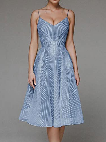 Rock Damen Langer Taille Skirt Linie Falten Slip Backless Bestickte Midikleider Damen Elegant V-Ausschnitt Camisole Fashion Female Bankett Abendkleid S Blau von Bysonglezai