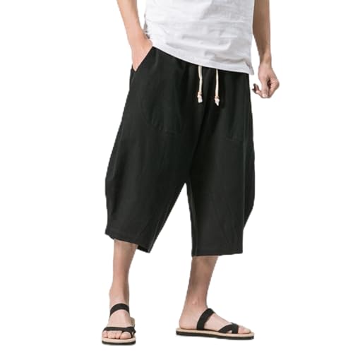 Bywenzai Kurze Hose Männer Baumwolle Leinen Einfarbig Elastische Taille Shorts T Herren Hip-Hop Atmungsaktiv Lässig 3/4 Hose Japanische Und Koreanische Yogahose XXXL Schwarz von Bywenzai