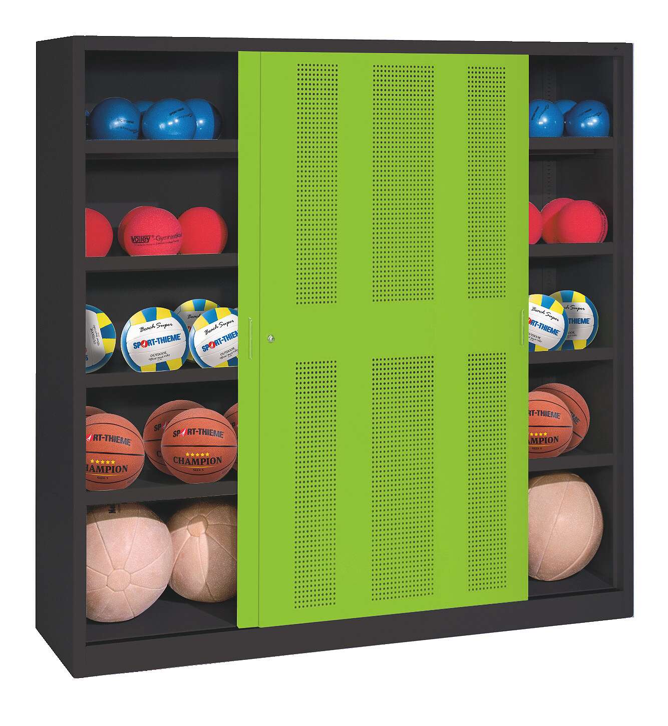 C+P Ballschrank mit Lochblech-Schiebetüren (Typ 4), HxBxT: 195x120x40 cm, Clowngrün (RAL 110 80 60), Einzelschließung von C+P