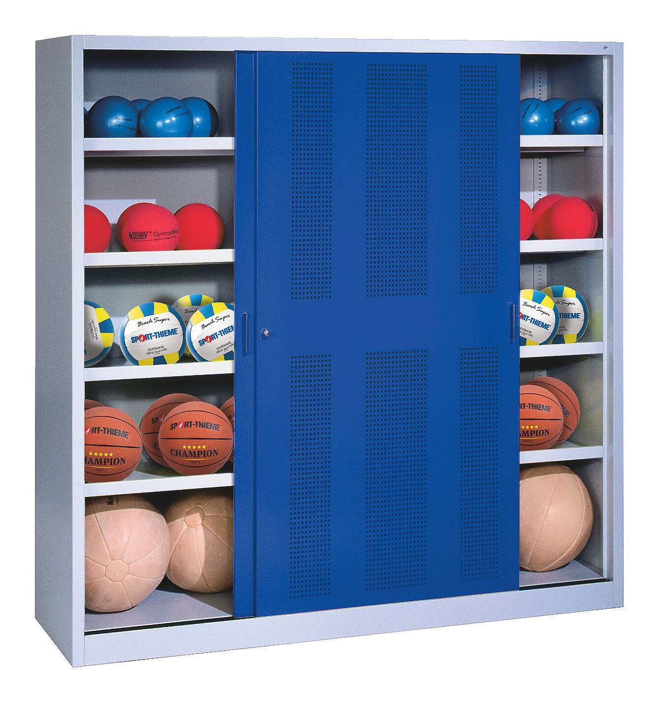 C+P Ballschrank mit Lochblech-Schiebetüren (Typ 4), HxBxT: 195x120x60 cm, Enzianblau (RAL 5010), Gleichschließung von C+P