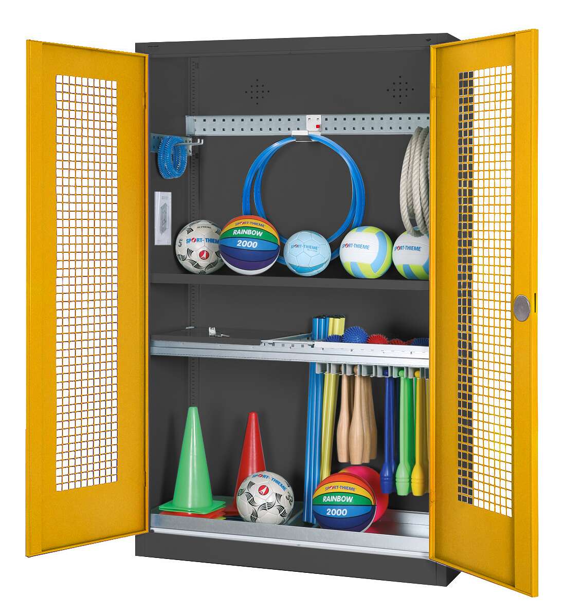 C+P Modul-Sportgeräteschrank "Komplettausstattung" mit Lochblech-Flügeltüren, HxBxT 195x120x50 cm, Verkehrsgelb (RAL 1023), Einzelschließung von C+P