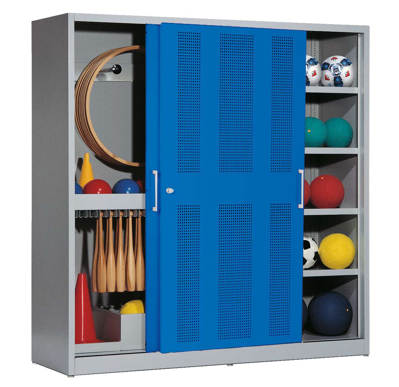 C+P Sportgeräteschrank mit Lochblech-Schiebetüren (Typ 5), HxBxT 195x190x60 cm, Enzianblau (RAL 5010), Gleichschließung von C+P