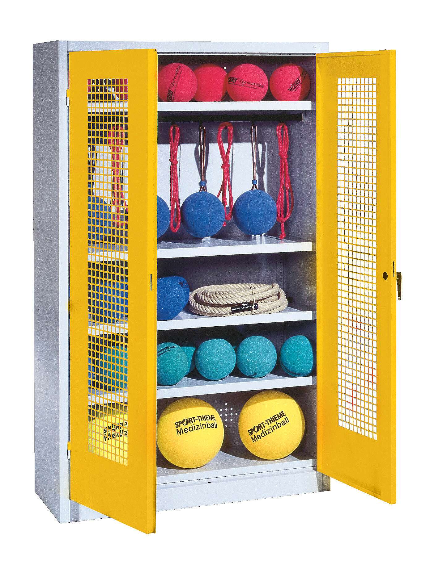 C+P Sportgeräteschrank mit Lochblech-Flügeltüren (Typ 2), HxBxT 195x120x50 cm, Verkehrsgelb (RAL 1023), Gleichschließung von C+P