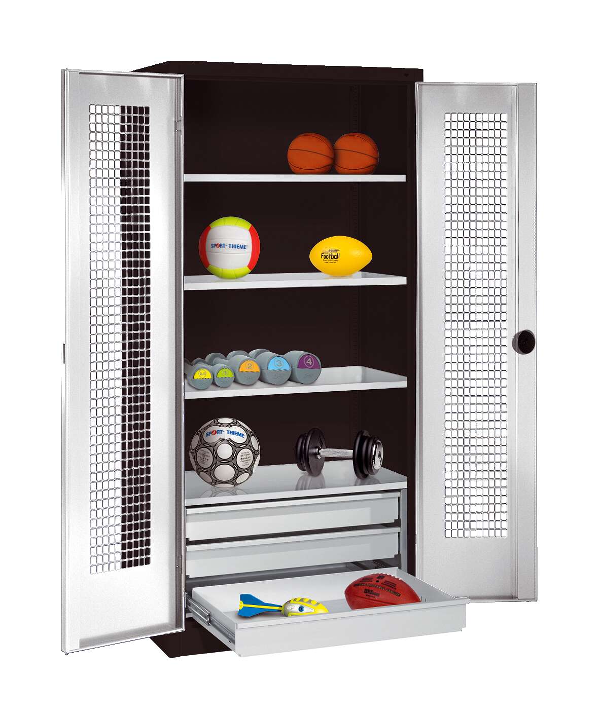 C+P Sportgeräteschrank mit Schubladen und Lochblech-Flügeltüren (Typ 4),  HxBxT 195x120x50 cm, Klinkengriff, Gleichschließung von C+P