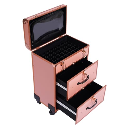 Kosmetikkoffer Trolley, Schminkkoffer 2 Schubladen, Friseurkoffer groß, Make-up Koffer, 28,5 * 25 * 58cm, Rollen 360° drehbar, Kosmetik Trolley mit Schubladen Beauty Case (Gold) von C-Juzarl