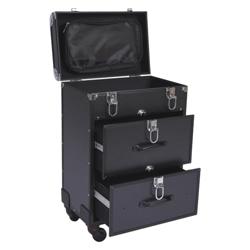 Kosmetikkoffer Trolley, Schminkkoffer 2 Schubladen, Friseurkoffer groß, Make-up Koffer, 28,5 * 25 * 58cm, Rollen 360° drehbar, Kosmetik Trolley mit Schubladen Beauty Case (Schwarz) von C-Juzarl