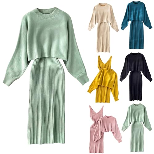 Kleid Herbst Damen Strickkleid Zweiteiliger Anzug Pullover Oberteil und Kleid Bodycon 2 Stück Set Sweater Midikleid Pullikleid Gestrickt Kleid Set Ärmelloses Midi Strickkleider mit Pullover von C'est TT