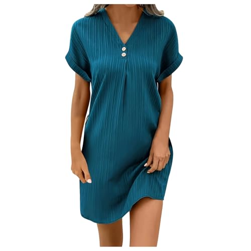 Musselin Kleid Damen Sommer V-Ausschnitt Luftige A-Linie Midikleid Einfarbige mit Knöpfen Lässiges Kurzarm Sommerkleid Leicht Musselin Bluse Kleid Boho Tunika Strandkleider Freizeitkleid von C'est TT