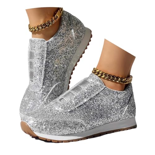 Sneaker Silber Damen, Pailletten Schuhe Damen Sneaker Glitzer Turnschuhe Outdoor Sportschuhe Glänzende Dicker Glitzer Sneaker Laufschuhe Glitzer Schnürsenkel Glitzer Schuhe von C'est TT