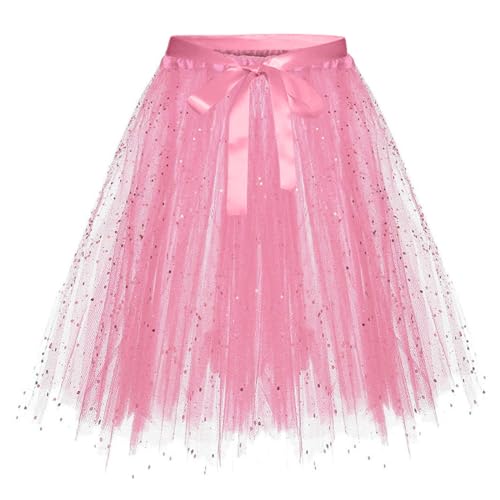 Tüllrock Pink Damen, Tüllrock Damen Glitzer Tütü Rock Karneval Kurz Tutu Pailletten Tüll Rock Retro Elastisch Ballet Tanzrock Rockabilly Petticoat Tanzkleid Ballkleid von C'est TT