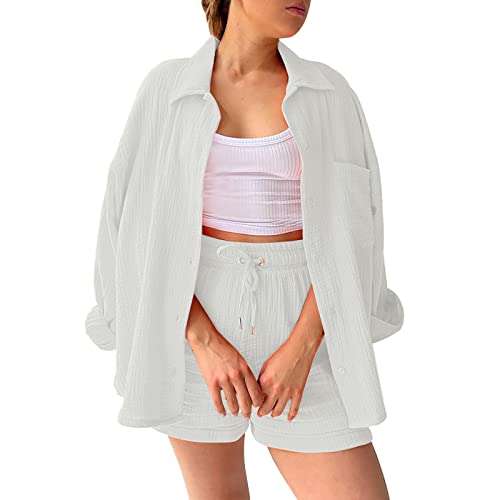 Zweiteiler Damen Sommer Musselin Bluse Hemd und Shorts Clothes Elegant Aesthetic Lounge Set Strand Outfit Set Two Piece Mode Leicht Urlaub Freizeit Oberteile Strand Loungewear Freizeitanzug Outfit von C'est TT