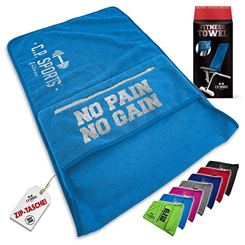 C.P. SPORTS Fitness Handtuch Towel Mikrofaser | Fixierung + Tasche mit Reißverschluss | Fitnessstudio Gym Training Sport | extra weich, waschbar, lang & groß | für Frauen & Männer | Farbe Blau von C.P.Sports