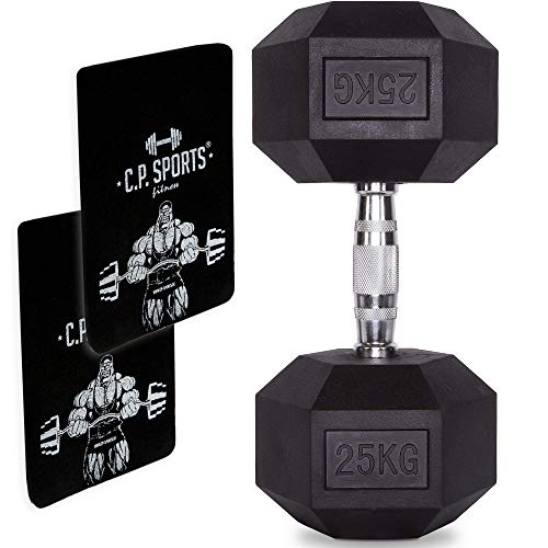 C.P. Sports Hexagon Hanteln gummiert 1-80 kg (Stück) - Dumbbell mit ergonomischen Chrom-Griff, Kurzhantel, Kurzhanteln, Dumbbel, rutschsicher (16 KG - STK.) von C.P.Sports