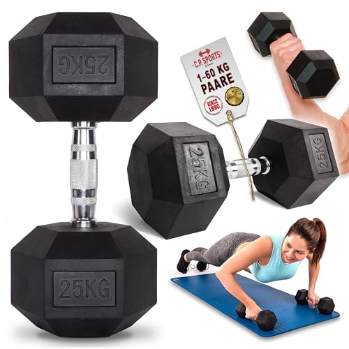 C.P. Sports Hexagon Kurzhantel Gummi 1kg - 80 kg - mit Beschichtung und ergonomischen Griff, Kurzhantel, Dumbbell, rutschsicher als Stück und Paar, Hanteln (2,5kg-Paar) von C.P.Sports