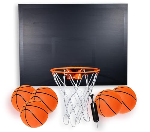 Calikiwipros Mini-Basketballkorb-Set Pro League dekorative Massivholz-Wandhalterung, inklusive 2,7 m Reifen und 5 Mini-Basketbällen, klassischer Look mit passenden Farben für einige Profi-Teams (Black von CALI KIWI PROS