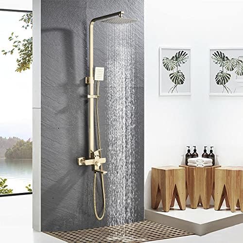 CAMEKIGZ Regendusche Wasserhahnsystem Mischbatterie Set Handbrause Heißes und Kaltes Wasser Wandmontierter Verstellbarer Wasserhahn-Chrom, Gebürstetes Gold von CAMEKIGZ